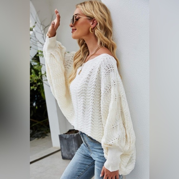 Openwork Boat Neck Dolman Sleeve Sweater - Picture 1 of 7